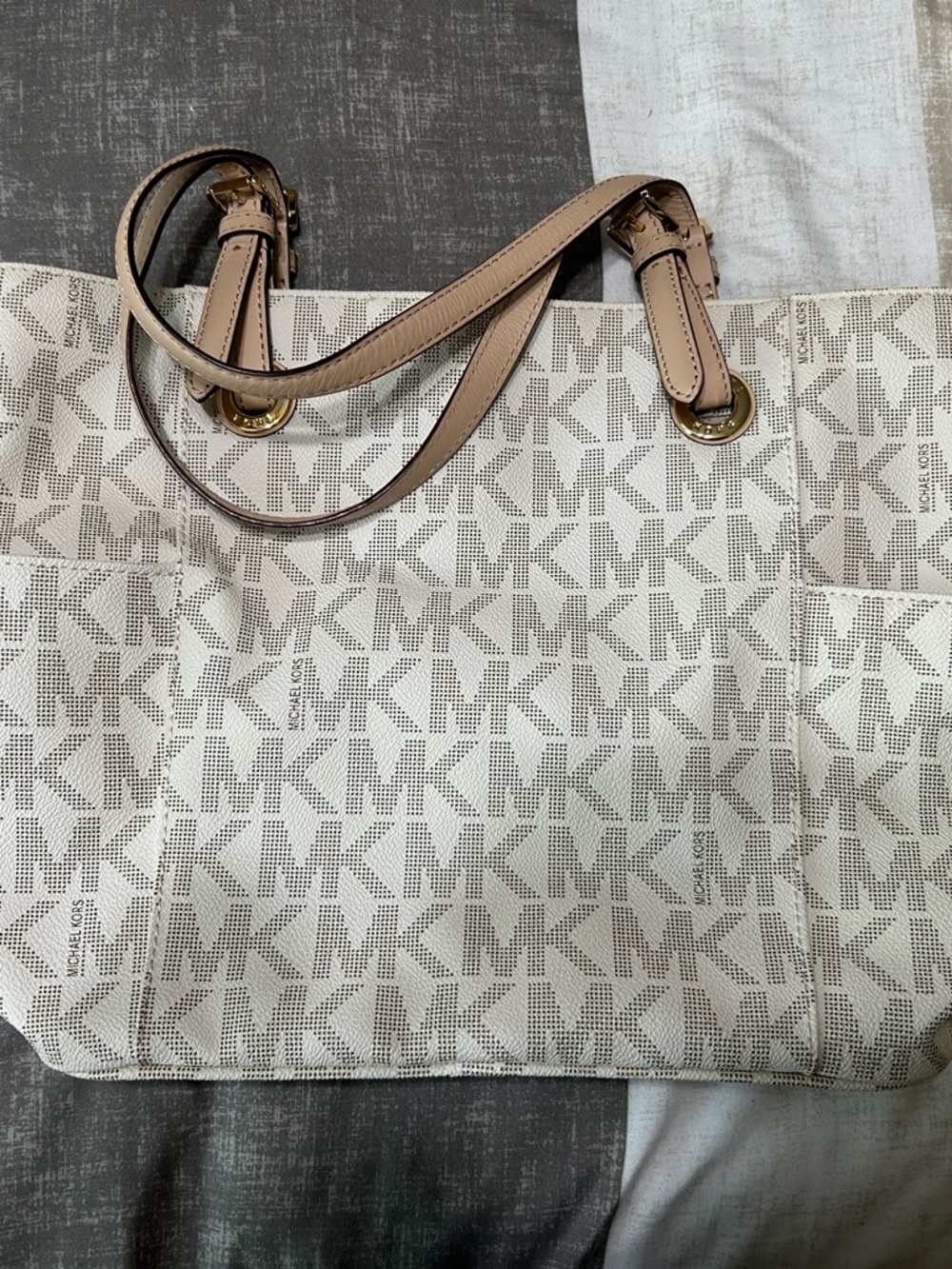 Michael Kors Cream and Beige MK Logo Canvas Tote
